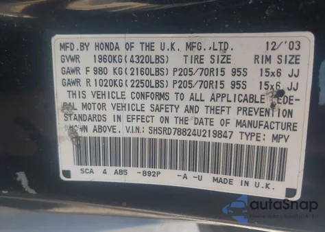 2004 Honda Cr-V Ex from USA, damaged, VIN SHSRD78824U219847